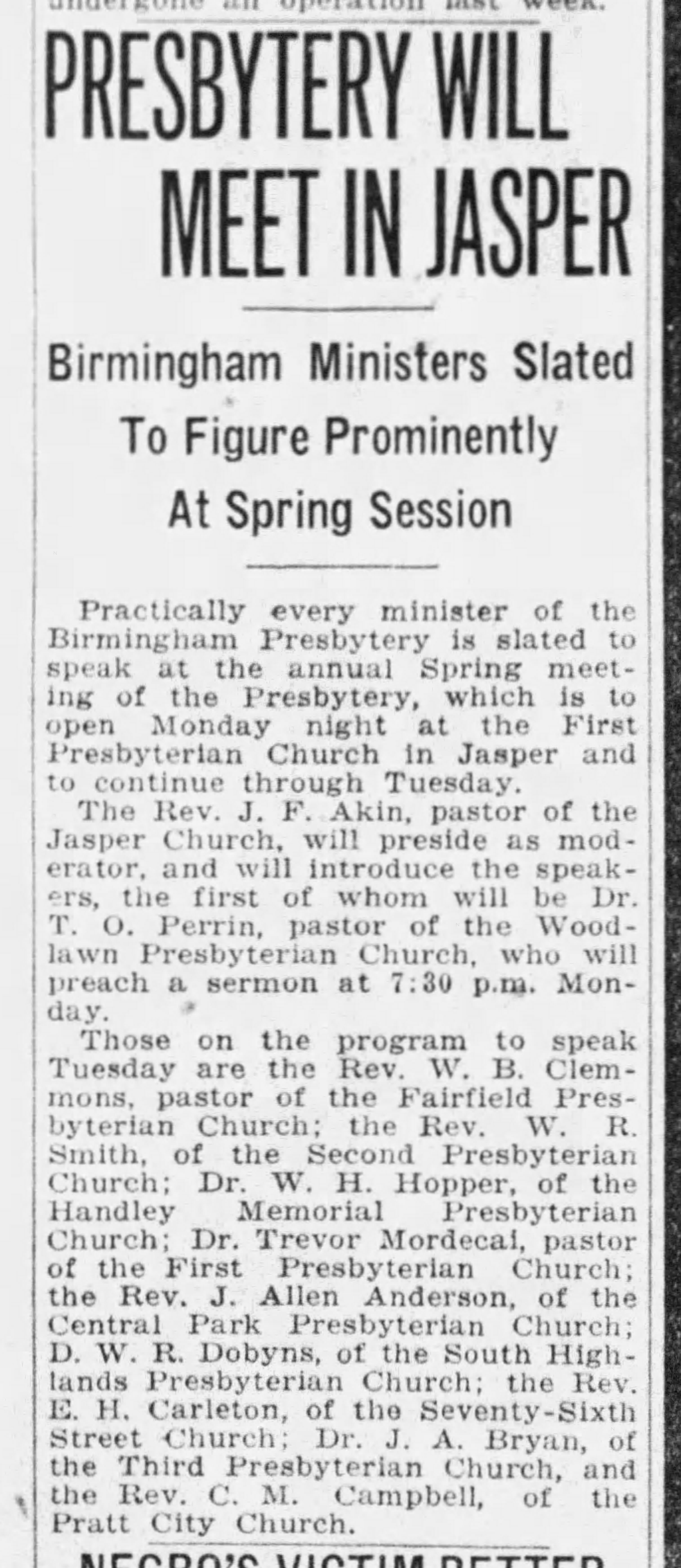 Presbytery Will Meet In Jasper
